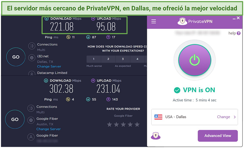 Screenshot of Ookla speed test results with PrivateVPN connected and disconnected