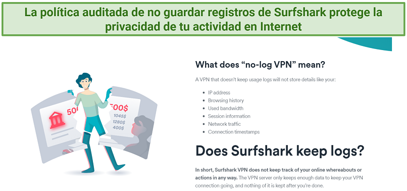 Screenshot displaying information about whether or not Surfshark keeps logs