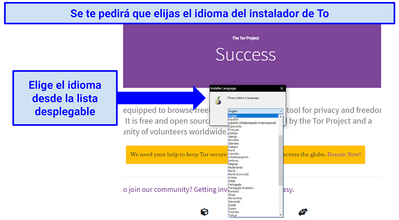 Instructions displaying how to select Tor's language preference