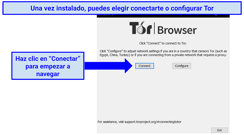 Instructions showing how to connect or configure Tor browser after installation