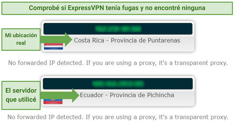 Leak test results showing that ExpressVPN successfully concealed my real IP address and location