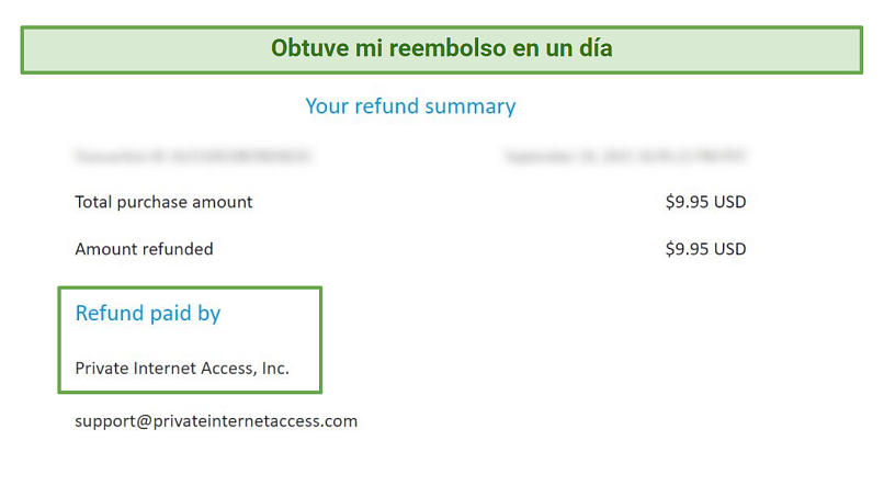 Screenshot of a refund issued by Private Internet Access