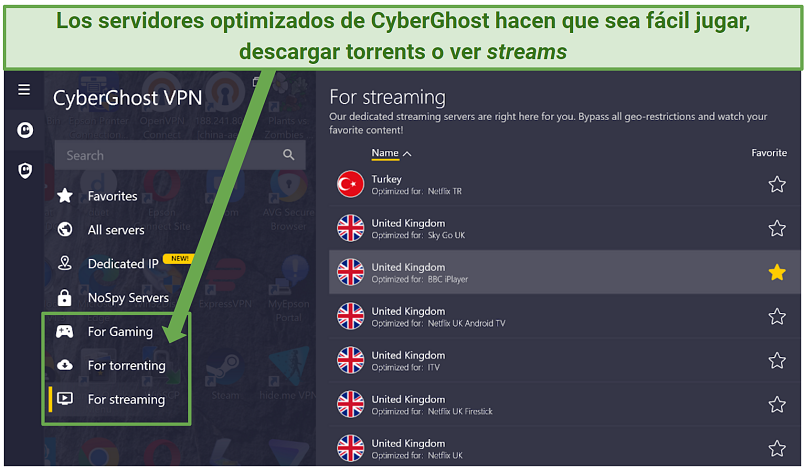 Screenshot of CyberGhost's Windows app showing optimized servers