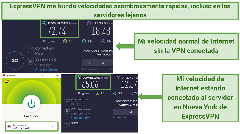 Screenshots of ExpressVPN's speed tests