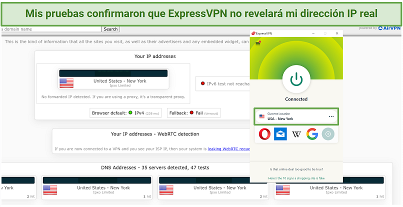 Screenshot of ExpressVPN passing leak tests connected to New York server