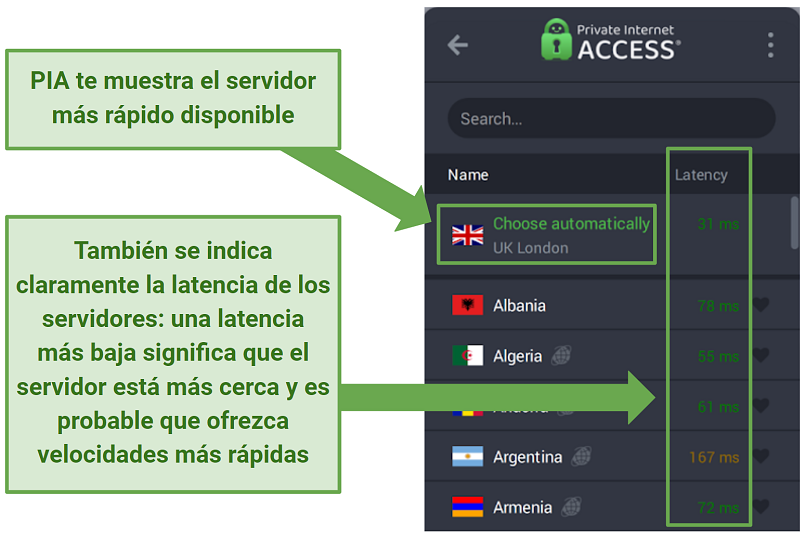 Screenshot of PIA's app showing server latency