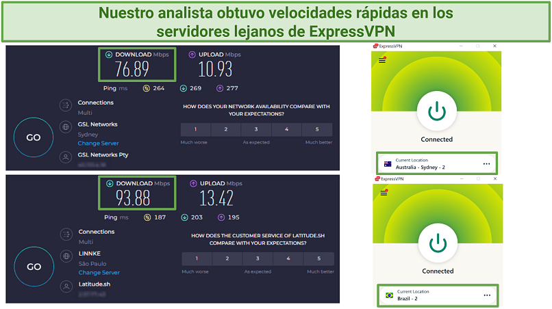 Screenshot of Ookla speed tests done with no VPN connected and while connected to ExpressVPN's Brazil 2 server
