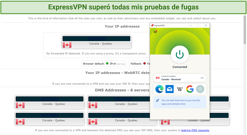 Screenshot of a leak test performed on ipleak.net while connected to ExpressVPN's Montreal server