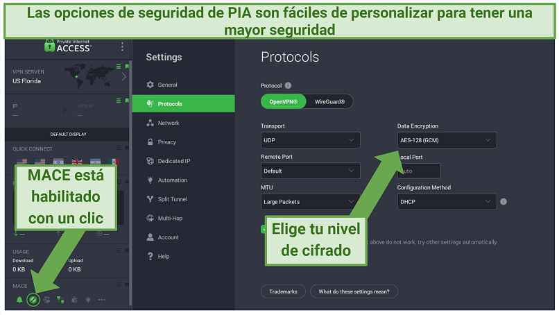 PIA Windows app displaying how to customize different security features and enable MACE