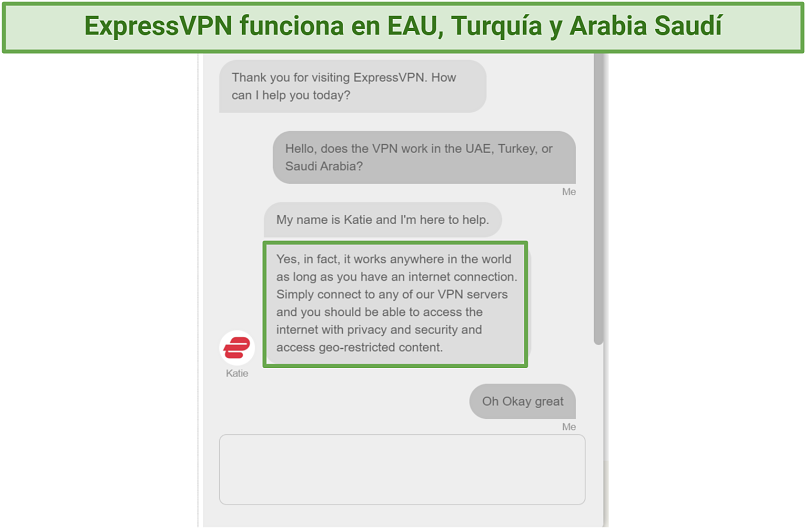 Screenshot of chat with ExpressVPN support staff confirming it works worldwide