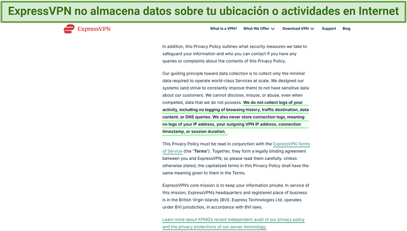 Screenshot of the ExpressVPN privacy policy highlighting what it does not collect