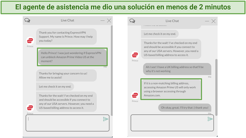 Screenshot of ExpressVPN's live chat support agent helping me access US Amazon Prime Video