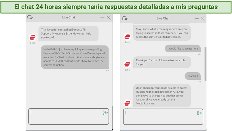 Screenshot of live chat support agent answering questions about ExpressVPN's MediaStreamer