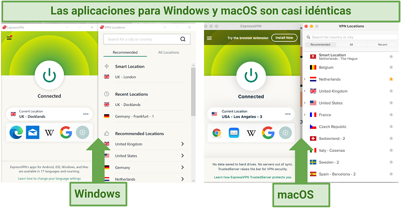 Screenshots of the ExpressVPN Windows and Mac apps side-by-side