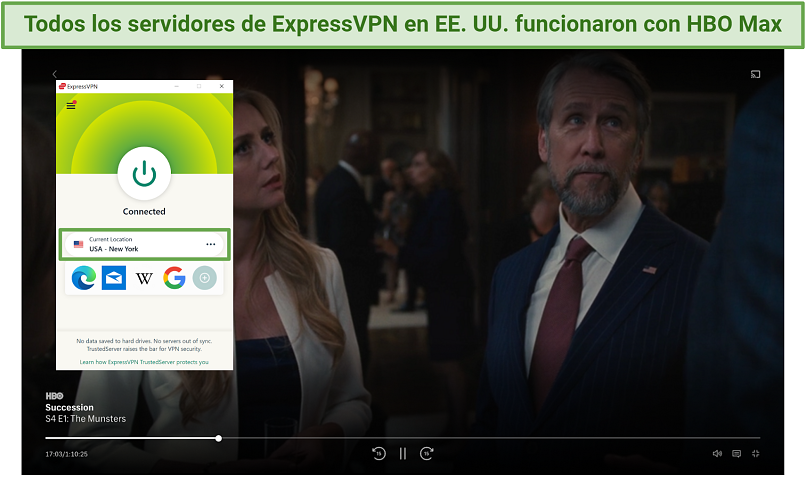 Screenshot of ExpressVPN US servers working to unblock HBO Max