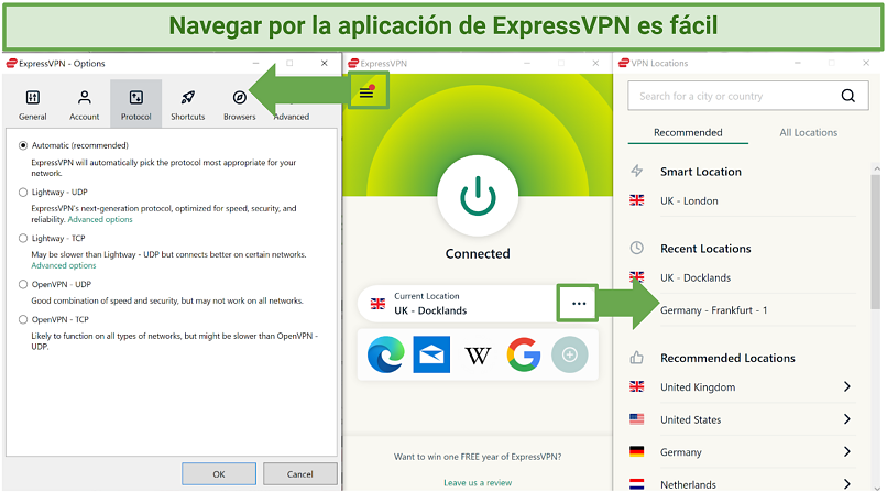 Screenshot of ExpressVPN Windows app showing the home screen, server list, and options page