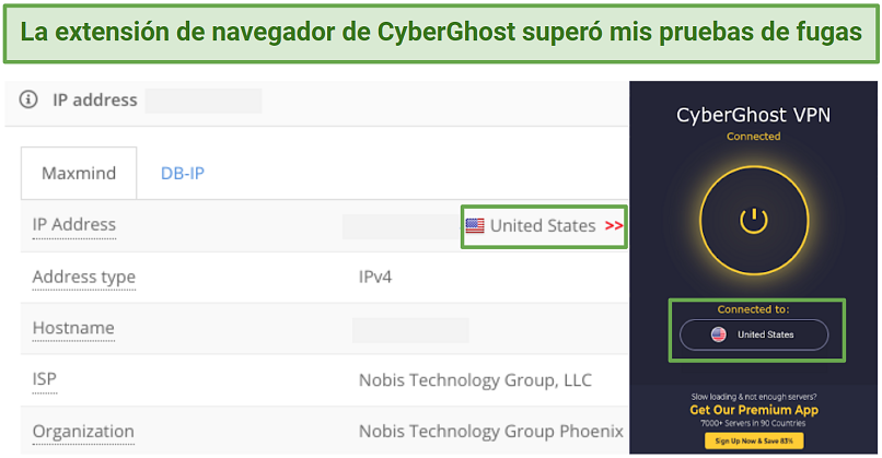 screenshot of CyberGhost's browser extension passing IP leak tests