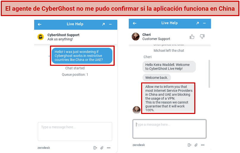 Image of Cyberghost's agent telling me the app may not work in China