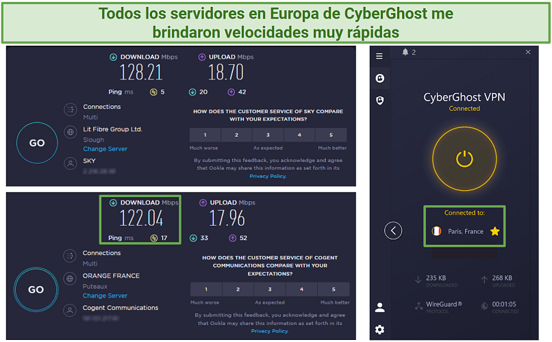 Screenshot of Ookla speed tests with no VPN connected and connected to CyberGhost's Paris server