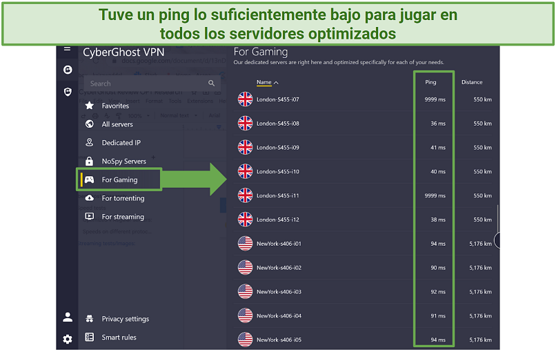 Screenshot of CyberGhost's gaming servers showing a low ping rate on the app