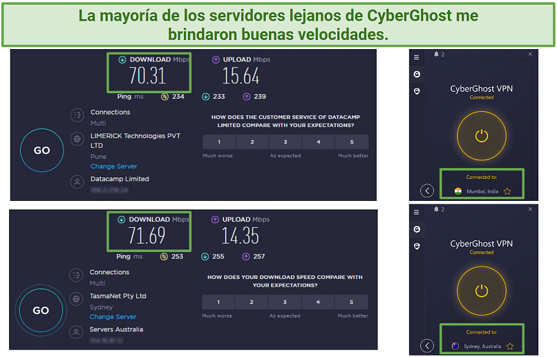 Screenshots of Ookla speed tests while connected to CyberGhost servers in India and Australia