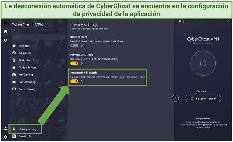 Screenshot of CyberGhost's kill switch in the Windows app