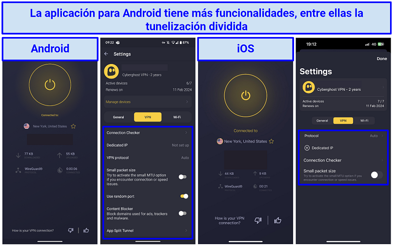 Screenshots showing CyberGhost's Android and iOS app