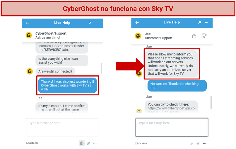 CyberGhost's live chat agent informing me that it is not working with Sky TV