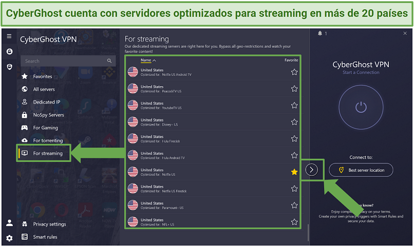 Screenshot of CyberGhost's optimized streaming servers in the Windows app