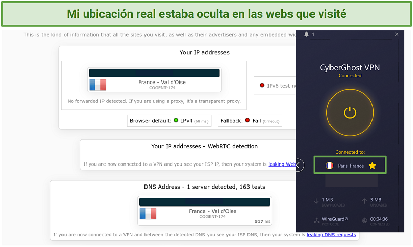 Screenshot of CyberGhost passing leak test on ipleaknet