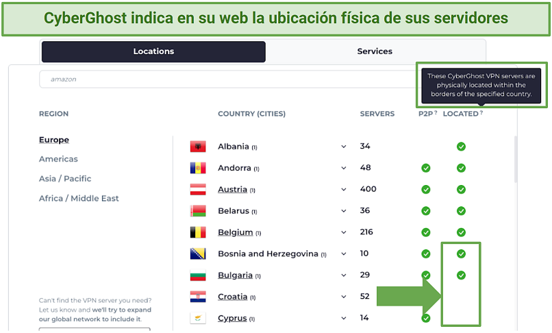 screenshot of CyberGhost's server list on its website highlighting the physical servers