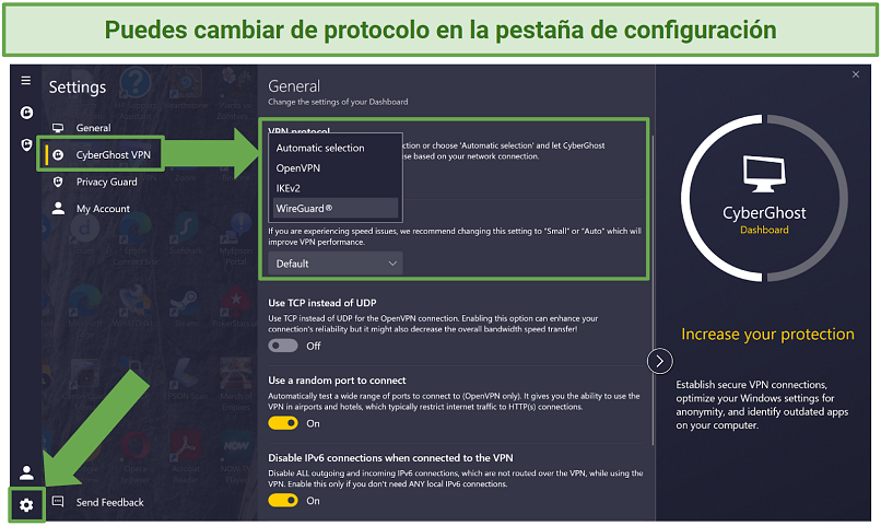 screenshot of CyberGhost's protocol settings in the app