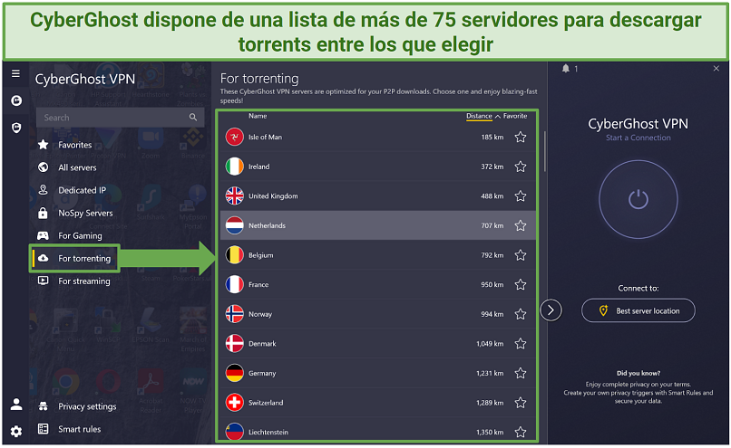 Screenshot showing CyberGhost's torrenting servers in the Windows app