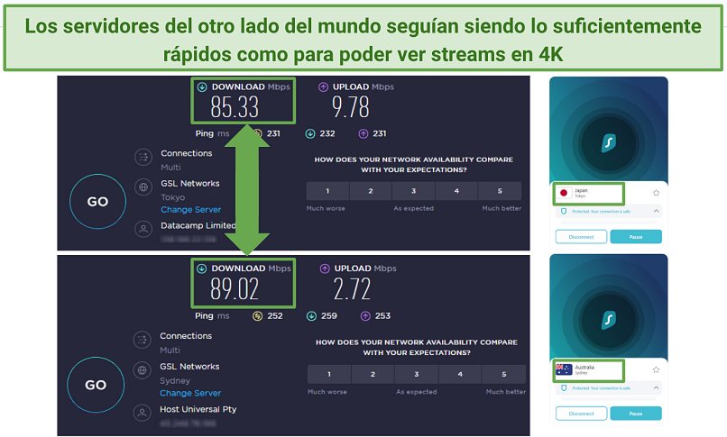 Screenshots of Ookla speed tests done while connected to Surfshark servers in Japan and Australia