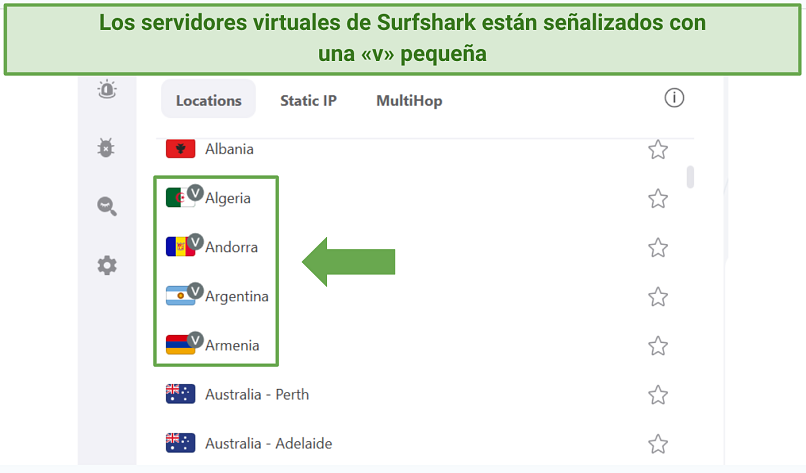 Screenshot of Surfshark's app showing virtual servers