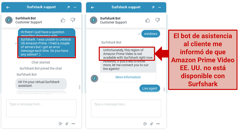 Screenshot of conversation with Surfshark rep explaining it can't unblock Amazon Prime Video