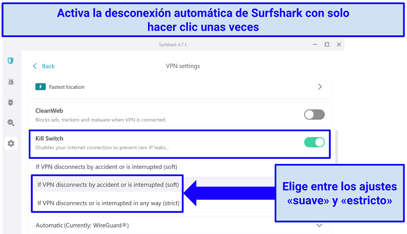 Screenshots showing how to enable Surfshark's soft or strict kill switch