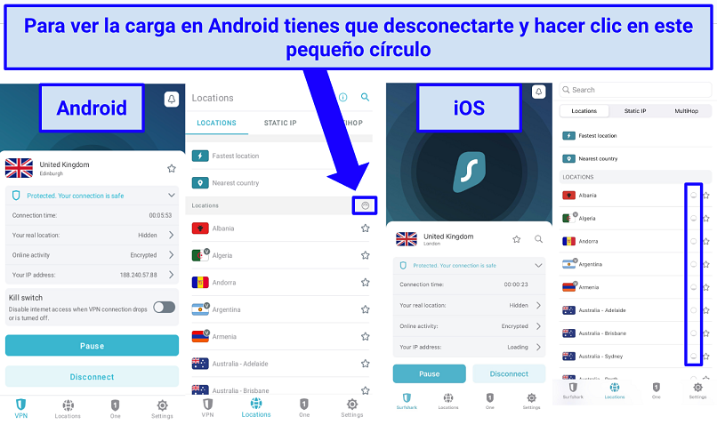 Screenshot comparing Surfshark's Android and iOS apps
