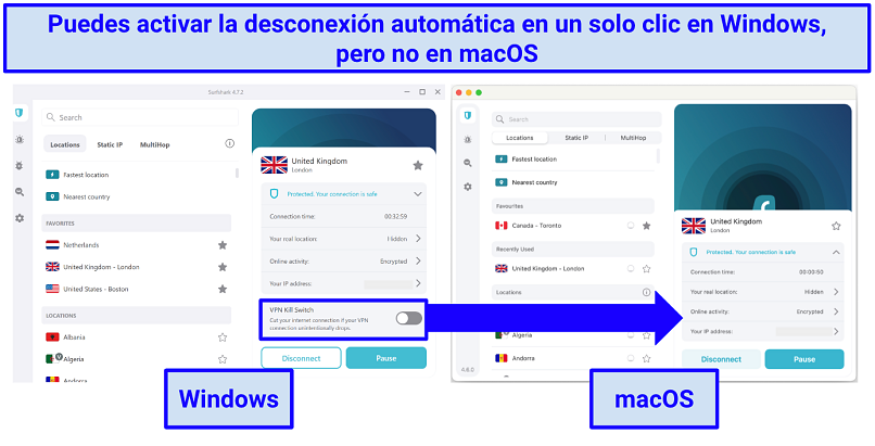 Screenshots comparing Surshark's Windows and macOS apps