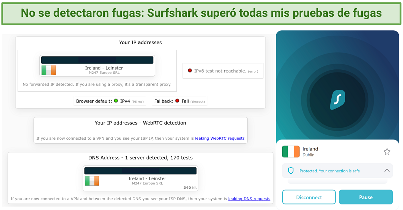 Screenshot showing Surfshark doesn't leak IP, DNS, or IPv6 data.