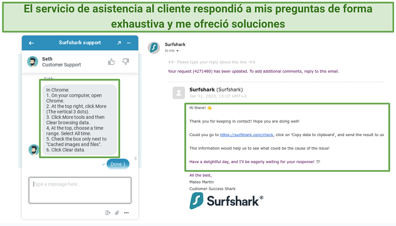 Screenshot showing conversation on Surfsharks live chat and email ticketing system