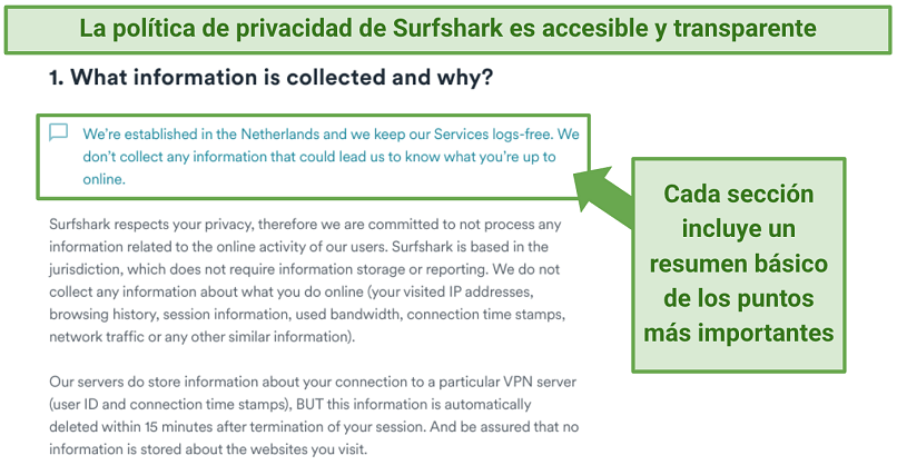 Screenshot showing Surfshark's privacy policy ensuring it stores no identifiable data