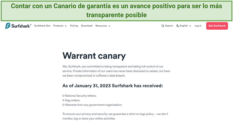 Screenshot of up-to-date Warrant Canary from Surfshark