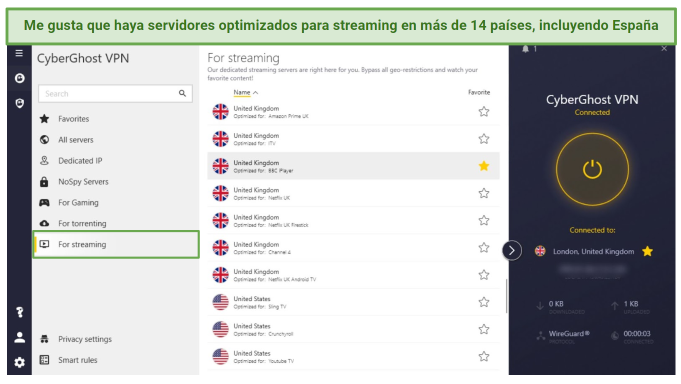 Screenshot of CyberGhost Windows app highlighting the streaming-optimized servers