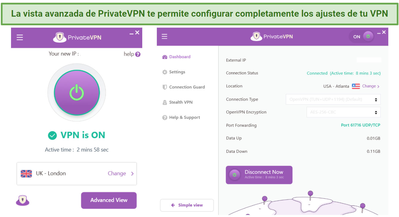 Screenshot showing PrivateVPN's interface