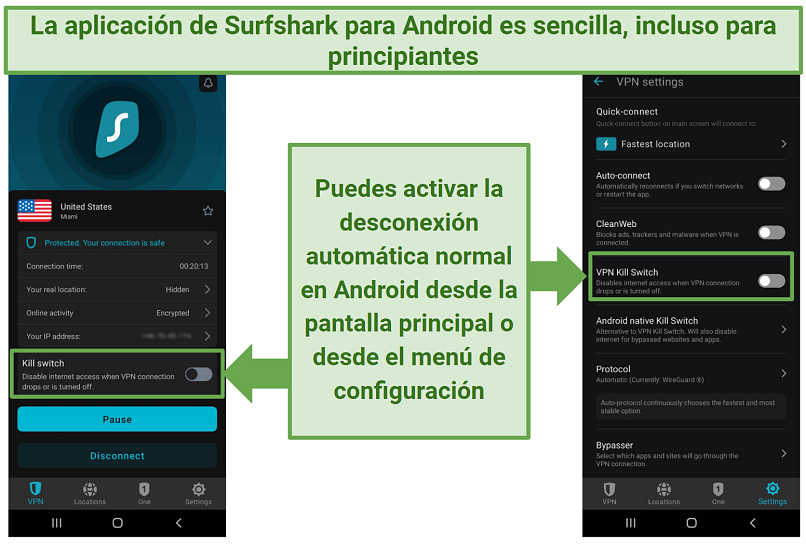 A screenshot of Surfshark's Android app showing the kill switch option on the main screen and in the Settings menu