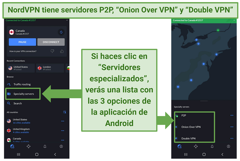 A screenshot of NordVPN's Android app showing the 3 different specialty server options