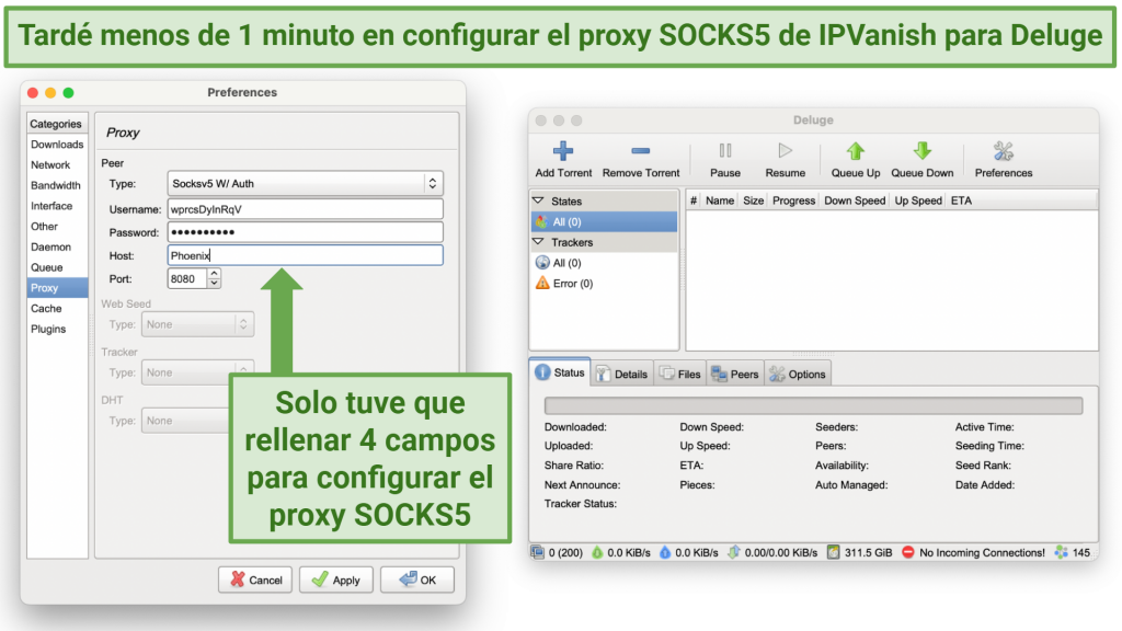 Screenshot showing the Preferences panel on the Deluge torrent client, with IPVanish's SOCKS5 proxy configurations