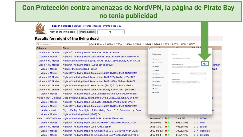 Screenshot showing an ad-free listings page on Pirate Bay with Threat Protection Lite enabled