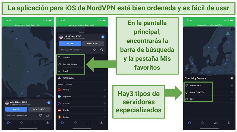 Screenshots of NordVPN's iOS app showing its main screen and the specialty servers